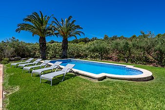 Finca Sa Fonteta: Poolterrasse mit Liegestühlen